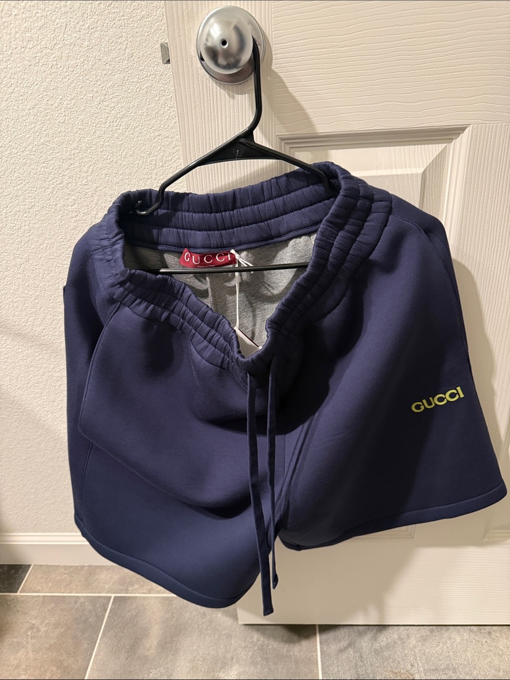 Gucci Navy Blue Men’s Shorts with Yellow Logo